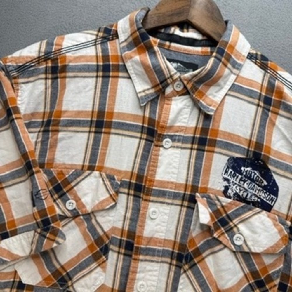 Harley-Davidson Shirt Plaid Button Down Regular Large Orange Navy Logo Patch